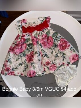 Bonnie Baby Pink and Red Floral Velvet Bow Dress